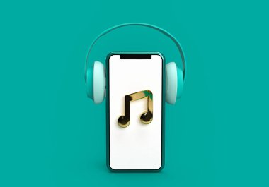 3D akıllı telefon ve kulaklığın mavi arka planda altın nota müziği