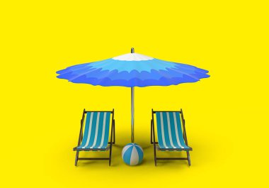 Üç boyutlu mavi şemsiye, sandalyeler ve top sarı arka planda. Yaz tatili için 3D minimal konsept.