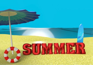 3D plaj ve deniz sahnesi ve kırmızı yaz metni.