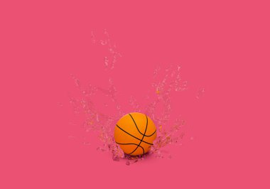 Pembe arka planda su sıçraması olan 3 boyutlu basketbol düşüşü, spor için en az 3 boyutlu konsept
