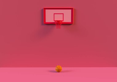 Basketbol potasının yere konulmuş halkasının 3 boyutlu yorumlanması, pembe arka plan üzerine minimum konsept..