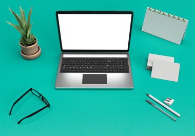 En az üç boyutlu ofis masası görüntüsü. Çalışma alanı dizüstü bilgisayar, defter, kalem, saksı, takvim ve cam kaplı. Düz yatış, üst görünüm.