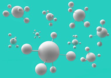 Küresel parçacıklarla molekül yapısının 3 boyutlu canlandırması. Bilim için harika, tıbbi geçmiş, 3D tasvir minimum konsept.