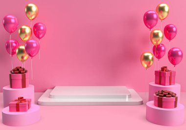 3D hediye kutusu ve beyaz podyumlu yüzen balonlar, pembe siyah zemin, Sevgililer Günü için minimum konsept, Kutlama, Doğum günü, Yıldönümü ve Terfi