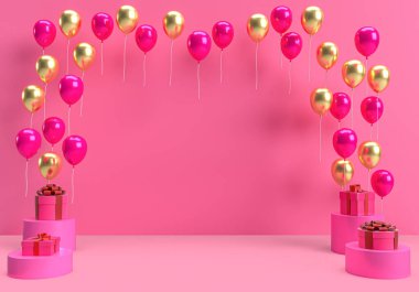 3D hediye kutusu ve yüzen balonlar, pembe siyah zemin, Sevgililer Günü için minimum konsept, Kutlama, Doğum günü, Yıldönümü ve Terfi
