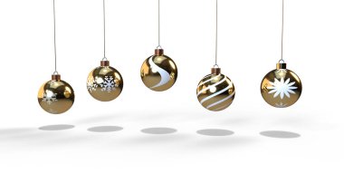 Beyaz arka planda altın Noel oyuncağı. Yılbaşı süslemeleri.