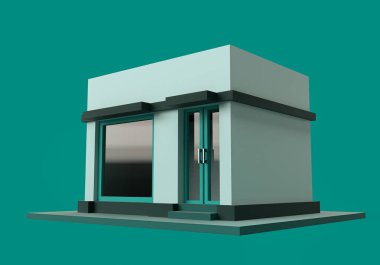 Mavi arka planda 3D mağaza veya dükkan tasarımı. Piyasa, kafe veya reklam sektörü için 3D minimal konsept