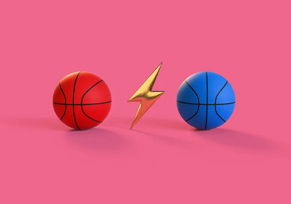 Vykreslování Červeného Modrého Basketbalu Zlatým Bleskem Minimální Basketbal Koncept Růžovém — Stock fotografie