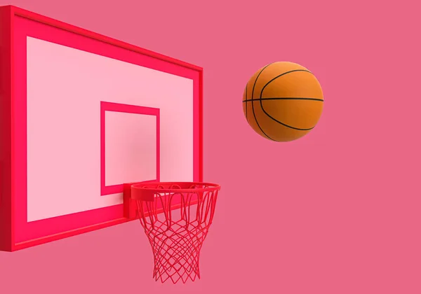Візуалізація Баскетбольного Кільця Баскетболу Плаває Над Кільцем Рожевому Фоні Мінімальна — стокове фото