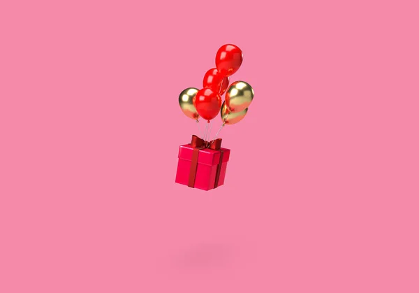 Uçan Balon Hediye Kutusunun Pembeye Boyanması Sevgililer Günü Için Minimum — Stok fotoğraf