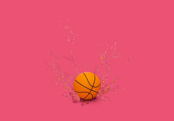バスケットボールドロップの3Dレンダリングピンクの背景に水スプラッシュ スポーツのための3D最小限の概念 ロイヤリティフリーのストック写真
