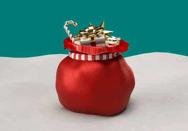 雪の上に置かれた赤い袋の3Dレンダリングギフトボックスとクリスマスの装飾 クリスマスや新年のための3D最小限の概念 ロイヤリティフリーのストック画像