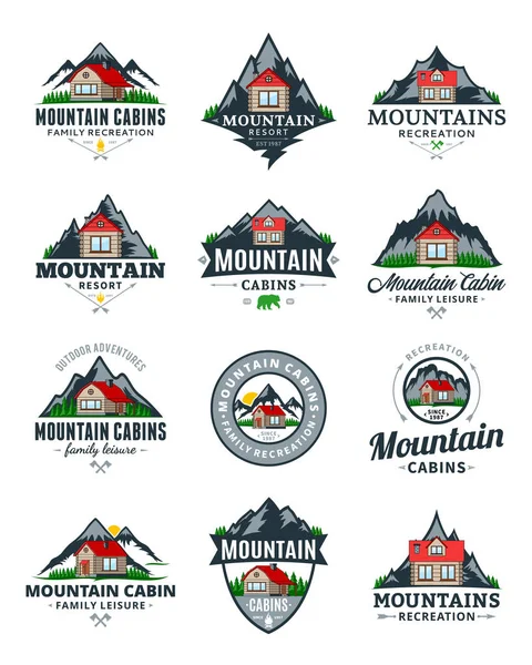 Conjunto Aventuras Montanha Vetorial Recreação Livre Logotipo Aluguel Cabine —  Vetores de Stock