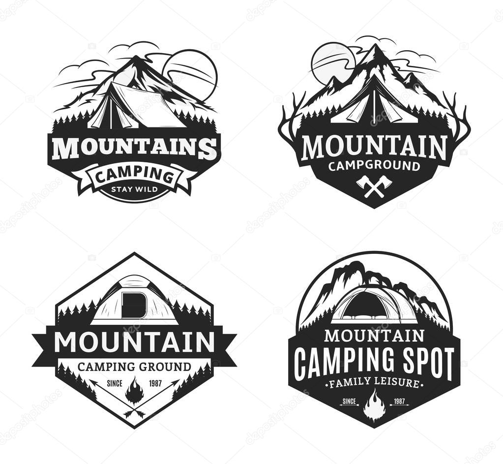 Set of vector mountain camping and outdoor recreation logo. Campground badges.