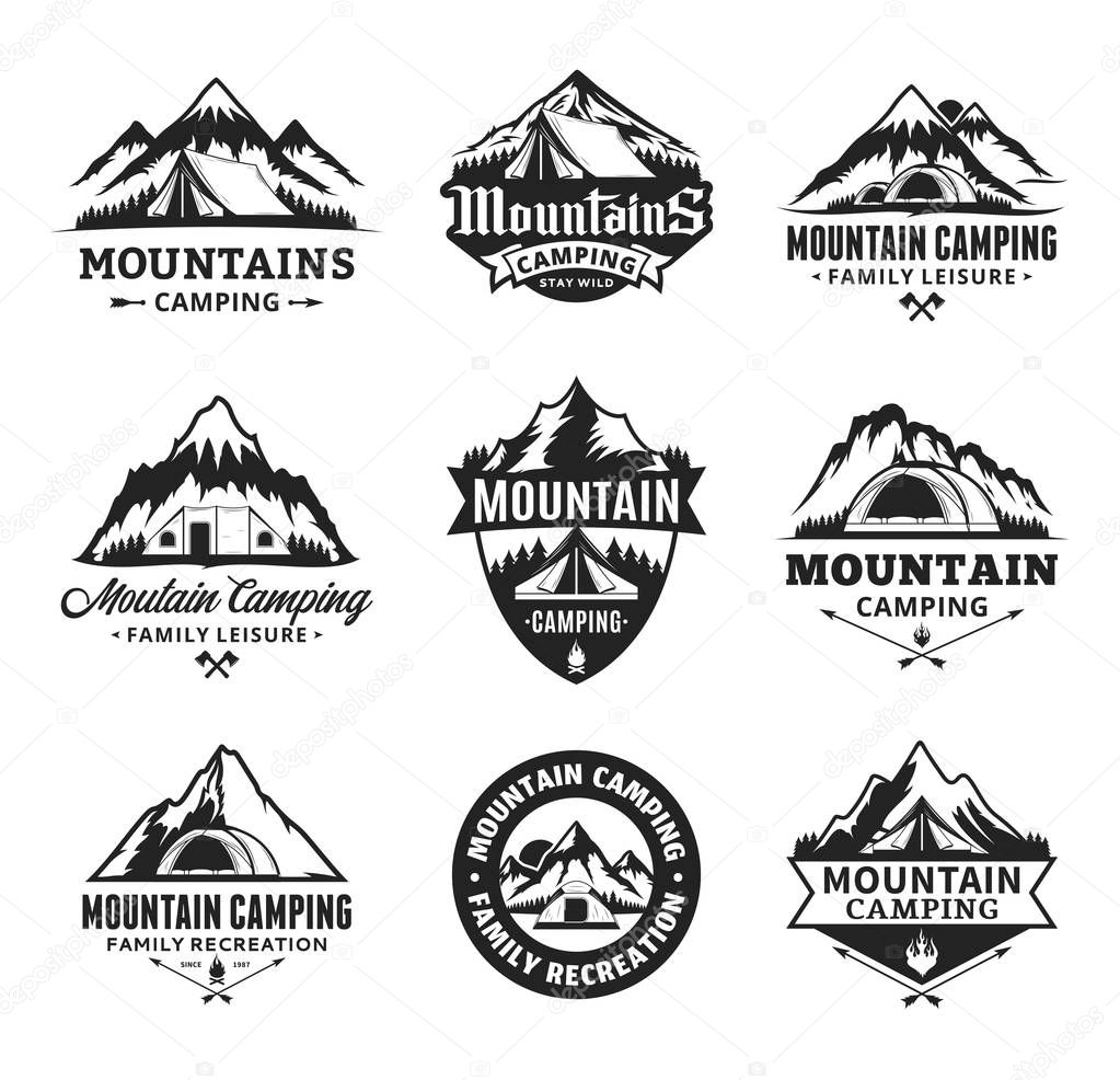 Set of vector mountain camping and outdoor recreation logo. Campground badges.