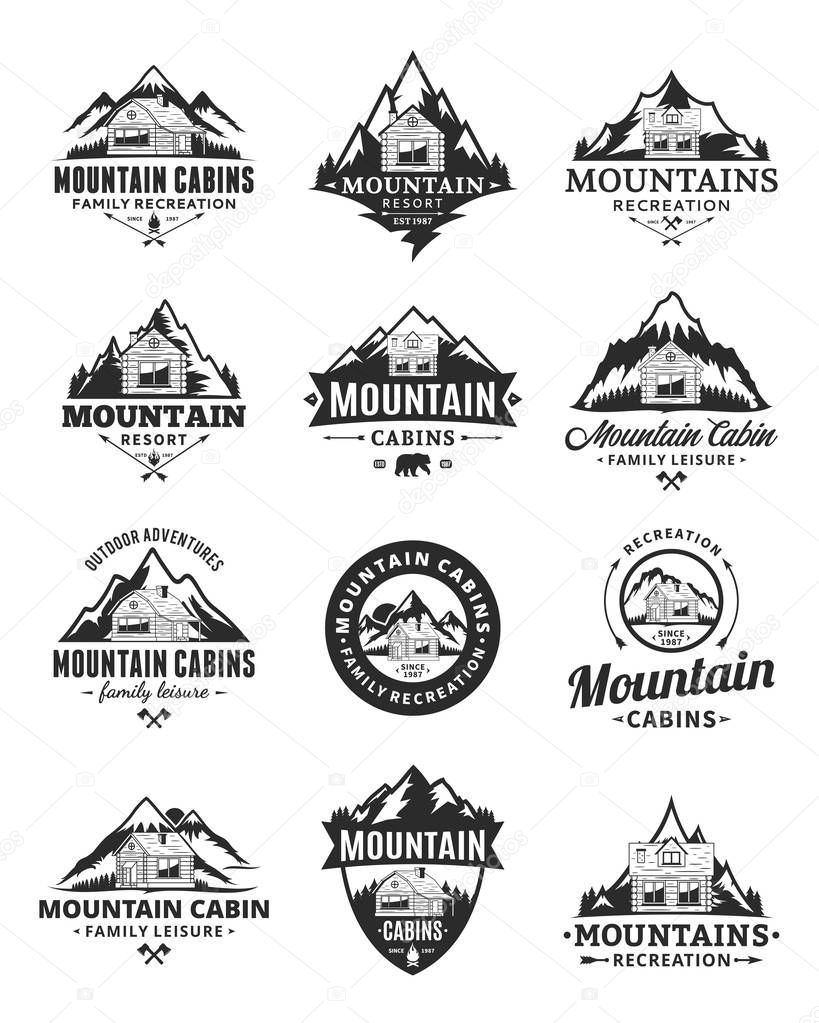 Set of vector mountain adventures, outdoor recreation and cabin rentals logo.