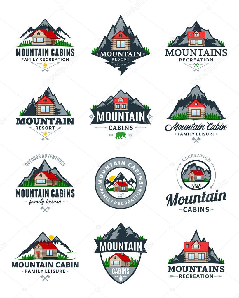 Set of vector mountain adventures, outdoor recreation and cabin rentals logo.
