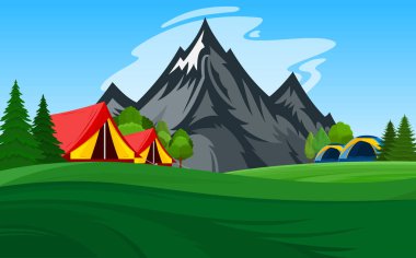 Vektör dağ kamp illüstrasyon turist çadır, yeşil çayır, dağ ve ağaçlar.