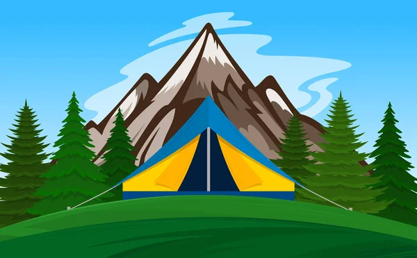 観光テント 緑の草原 山の木とベクター山キャンプ イラスト — ストックベクタ
