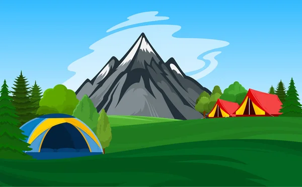 Ilustração Acampamento Montanha Vetorial Com Tendas Turísticas Prado Verde Montanha — Vetor de Stock