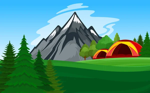 Vektor Mountain Camping Illustration Mit Touristenzelten Grünen Wiesen Bergen Und — Stockvektor