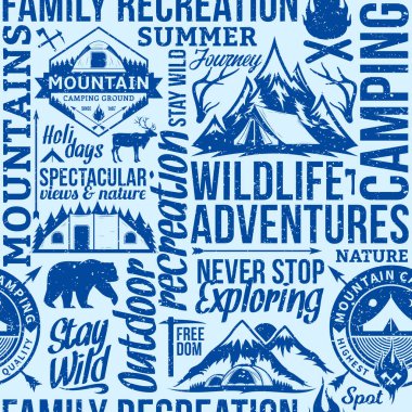 Vektör kamp ve açık retro Dikişsiz tipografik desen veya arka plan tarz maceraları. Turizm, yürüyüş ve turistik simgeler.