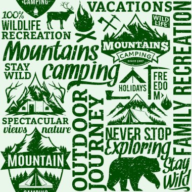 Vektör kamp ve açık retro Dikişsiz tipografik desen veya arka plan tarz maceraları. Turizm, yürüyüş ve turistik simgeler.