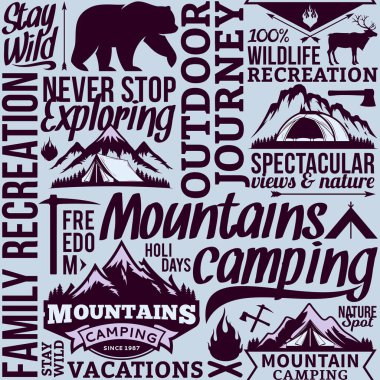 Vektör kamp ve açık macera Dikişsiz tipografik desen veya arka plan. Turizm, yürüyüş ve turistik simgeler.