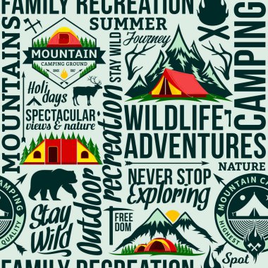 Vektör kamp ve açık macera Dikişsiz tipografik desen veya arka plan. Turizm, yürüyüş ve turistik simgeler.