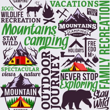 Vektör kamp ve açık macera Dikişsiz tipografik desen veya arka plan. Turizm, yürüyüş ve turistik simgeler.