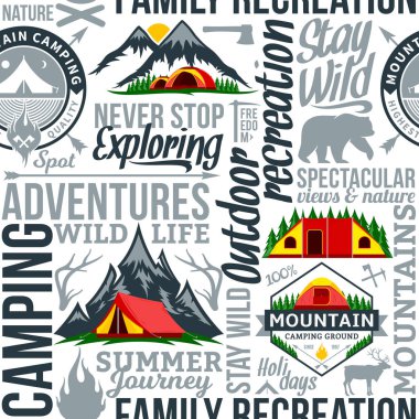 Vektör kamp ve açık macera Dikişsiz tipografik desen veya arka plan. Turizm, yürüyüş ve turistik simgeler.