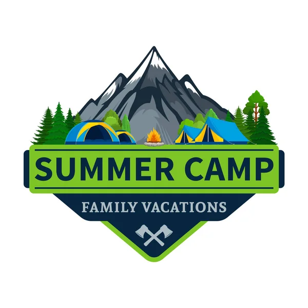 Vector summer camp and outdoor recreation logo. Tourism, hiking and campground badge.