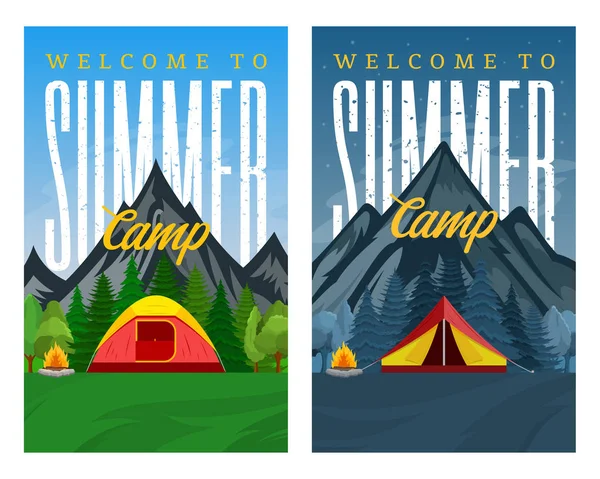 Gece Gündüz Dağlar Yaz Kampı Dikey Afiş Vektör Turist Çadır — Stok Vektör