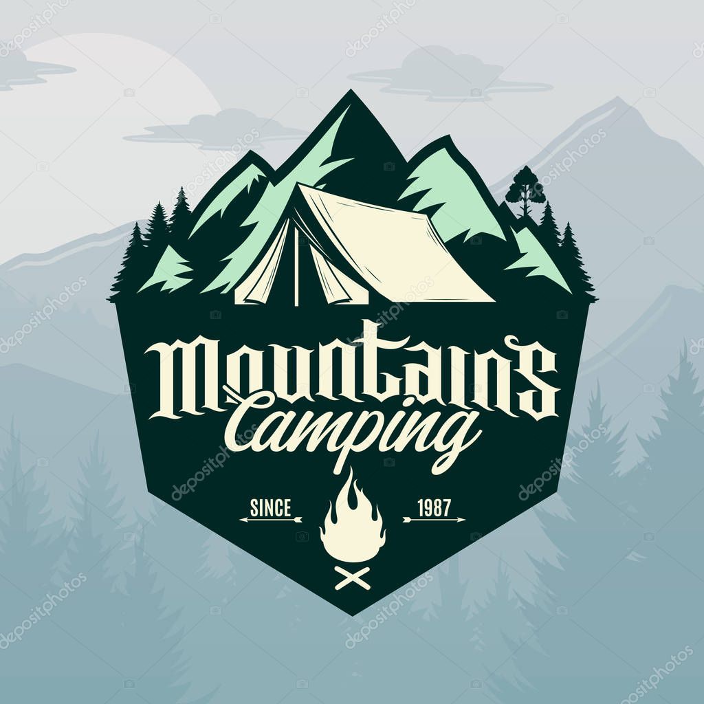 Vector mountains camping and outdoor recreation logo. Tourism, hiking and campground badge.