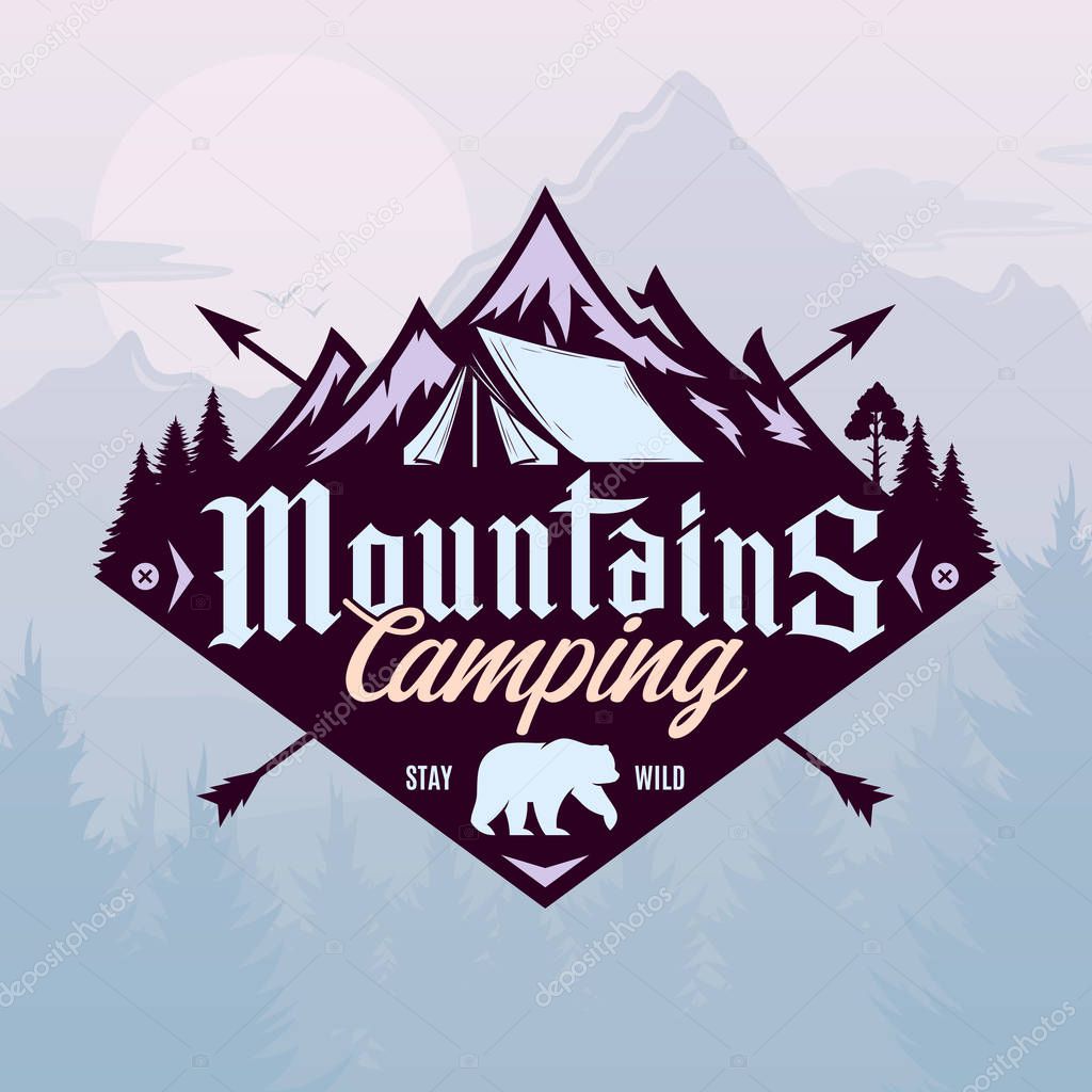 Vector mountains camping and outdoor recreation logo. Tourism, hiking and campground badge.