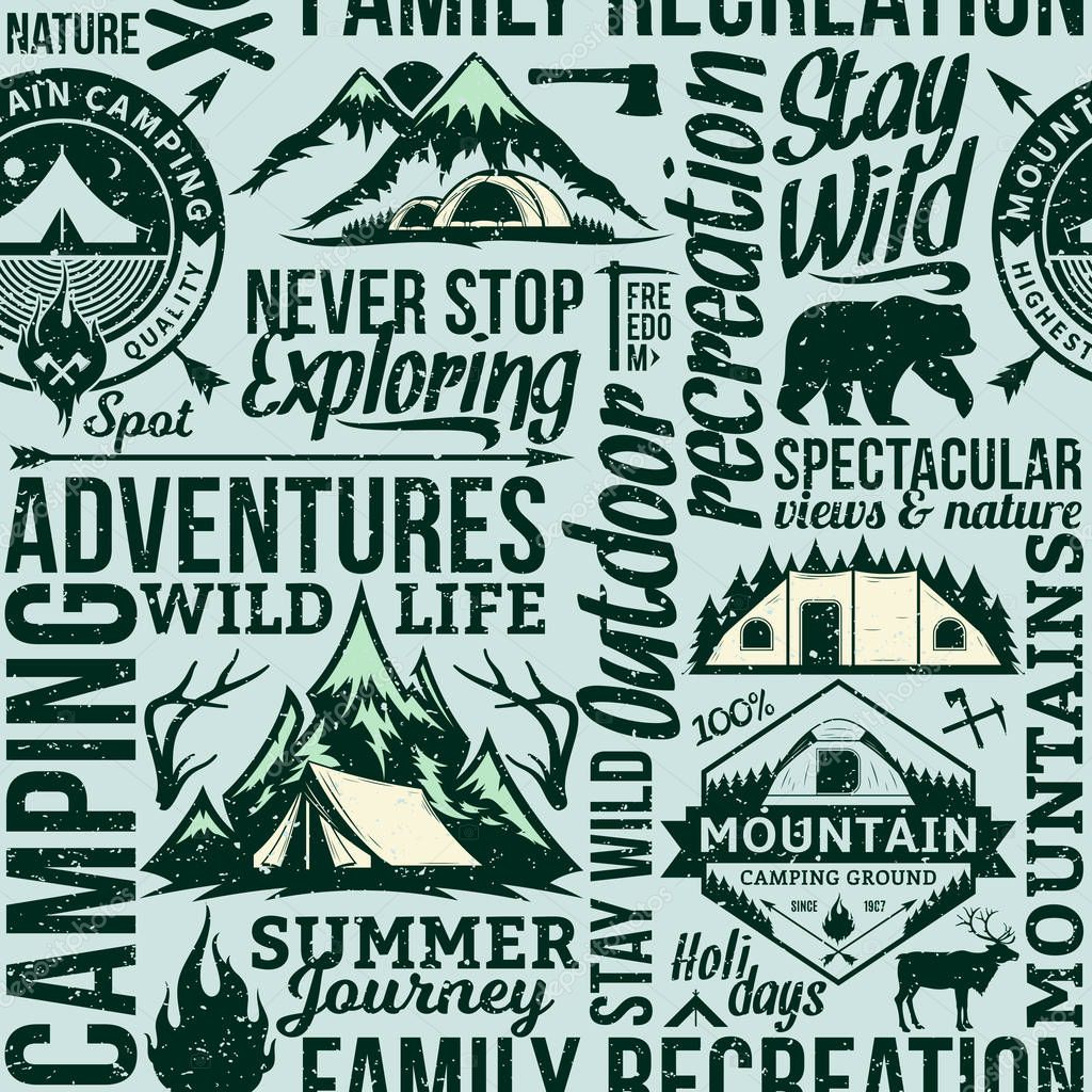 Vector camping and outdoor adventures retro styled seamless typographic pattern or background. Tourism, hiking and travel icons.