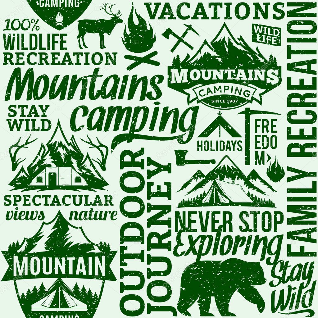 Vector camping and outdoor adventures retro styled seamless typographic pattern or background. Tourism, hiking and travel icons.