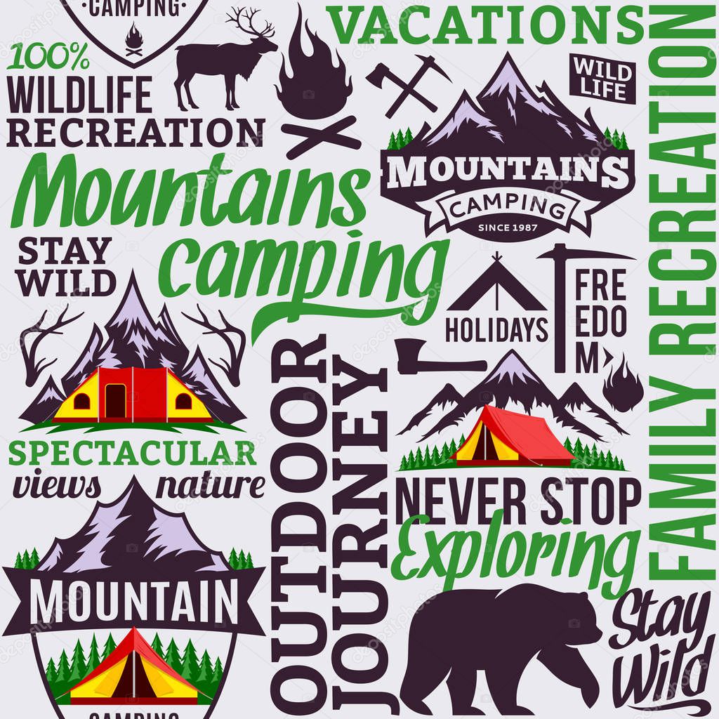 Vector camping and outdoor adventures seamless typographic pattern or background. Tourism, hiking and travel icons.
