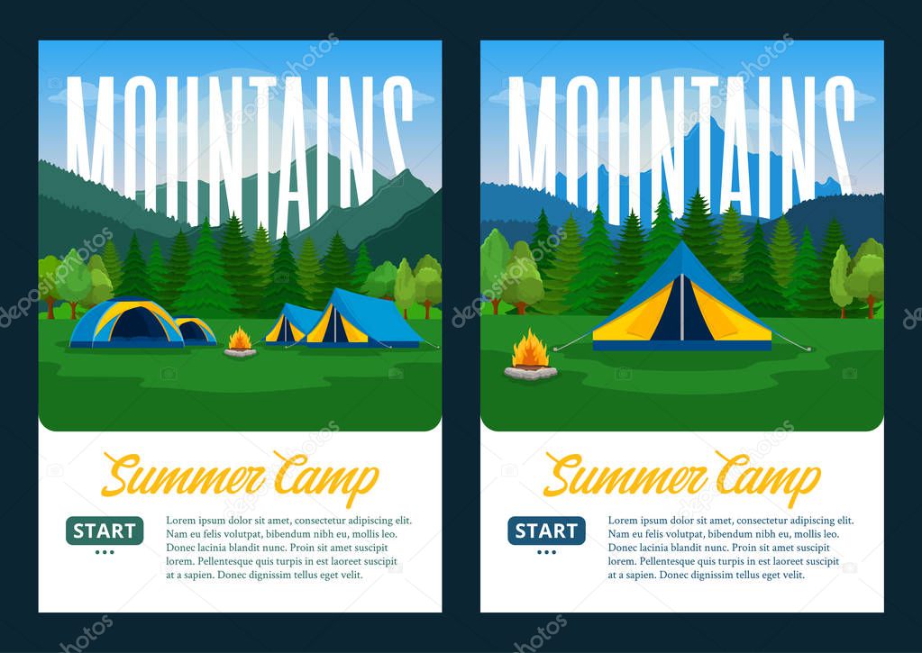 Vector mountains camping vertical banners. Wild nature landscapes with tourist tents, green meadow, mountain, campfire and trees.