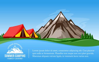 Yatay banner kamp vektör dağlar. Vahşi doğa manzara turist çadır, çayır, dağ, kamp ateşi ve ağaçlar.