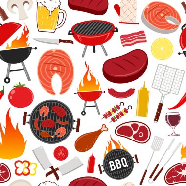 Vektör barbeküsü pürüzsüz kalıp ya da arka plan. Kafe, bar ve restoran menüsü, marka ve kimlik için barbekü, et, sebze, bira, şarap ve ekipman ikonları.