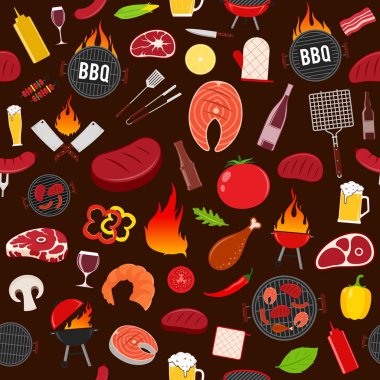 Vektör barbeküsü pürüzsüz kalıp ya da arka plan. Kafe, bar ve restoran menüsü, marka ve kimlik için barbekü, et, sebze, bira, şarap ve ekipman ikonları.