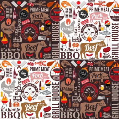 Vektör Barbekü Dikişsiz desen veya arka plan. Cafe, bar ve restoran menü, marka ve kimlik için Barbekü, et, sebze, bira ve ekipman simgeler.