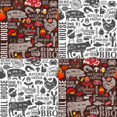 Vektör Barbekü Dikişsiz desen veya arka plan. Cafe, bar ve restoran menü, marka ve kimlik için Barbekü, et, sebze, bira ve ekipman simgeler.