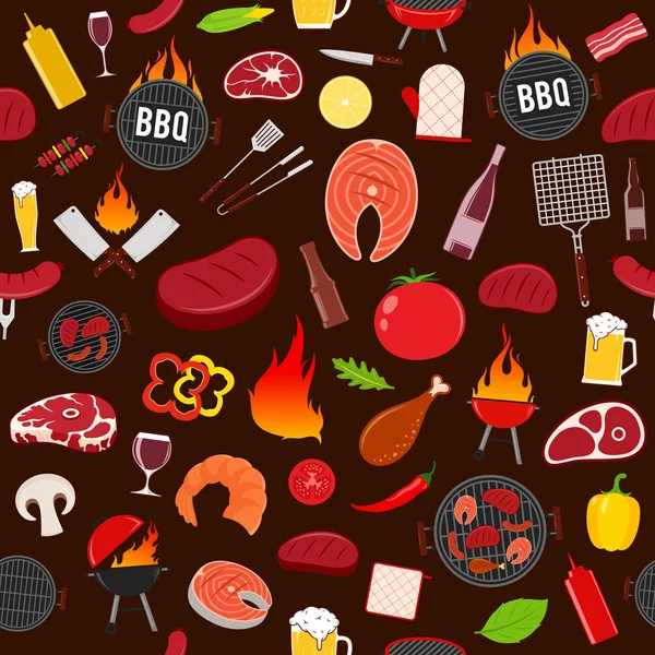 Vector Barbecue Nahtlose Muster Oder Hintergrund Grillen Fleisch Gemüse Bier — Stockvektor