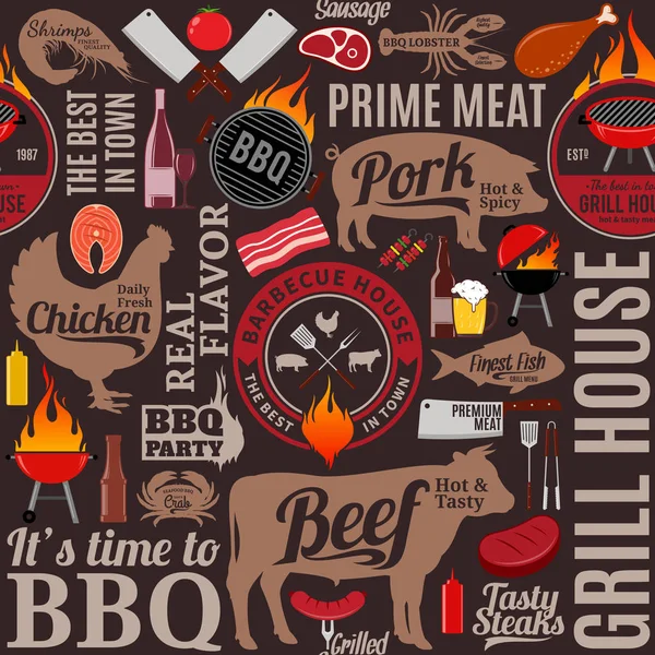 Vector Barbecue Seamless Pattern Background Bbq Meat Vegetables Beer Equipment — Stock Vector