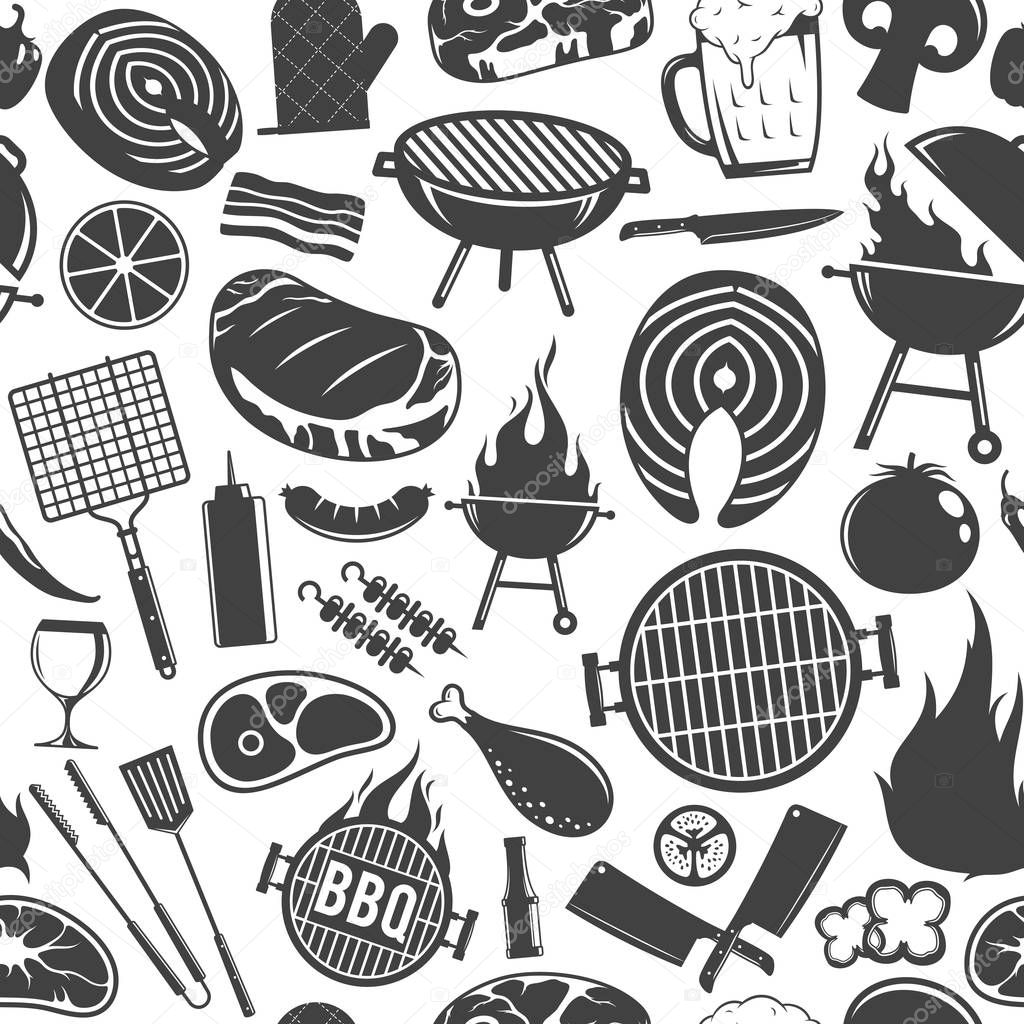 Vector barbecue seamless pattern or background. BBQ, meat, vegetables, beer, wine and equipment icons for cafe, bar and restaurant menu, branding and identity.