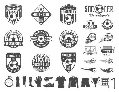 Vektör futbol kulübü logosu, etiketleri ve spor takımları, turnuvalar ve kuruluşlar için simgeler kümesi.
