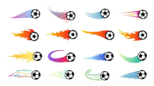 Balles Football Volantes Colorées Vectorielles Soccer Avec Pistes Mouvement — Image vectorielle