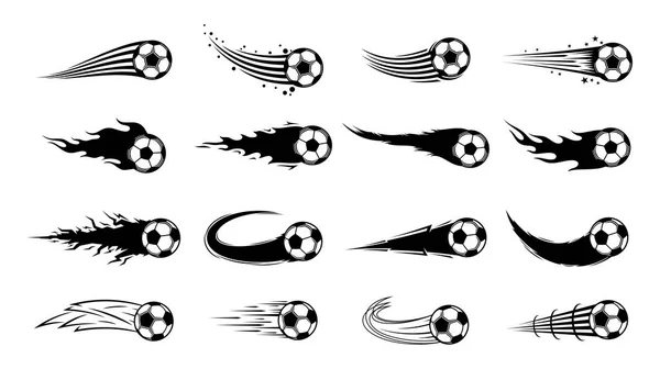 Vektor Schwarz Weiße Fliegende Fußballbälle Mit Bewegungspfaden — Stockvektor